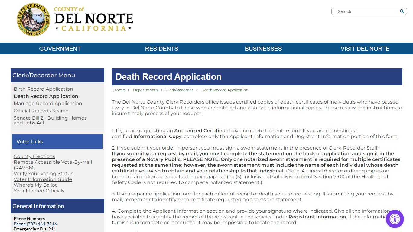 County of Del Norte, California - Death Record Application