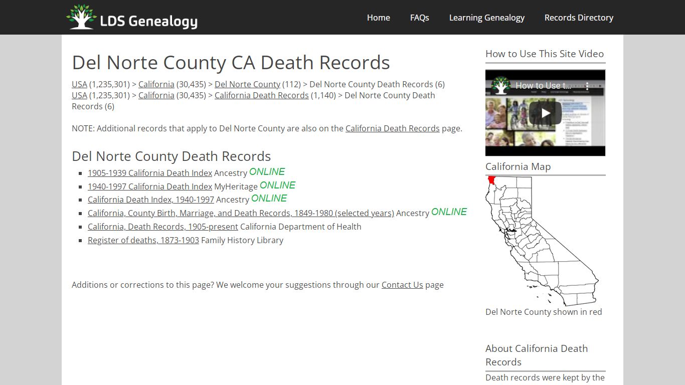 Del Norte County CA Death Records