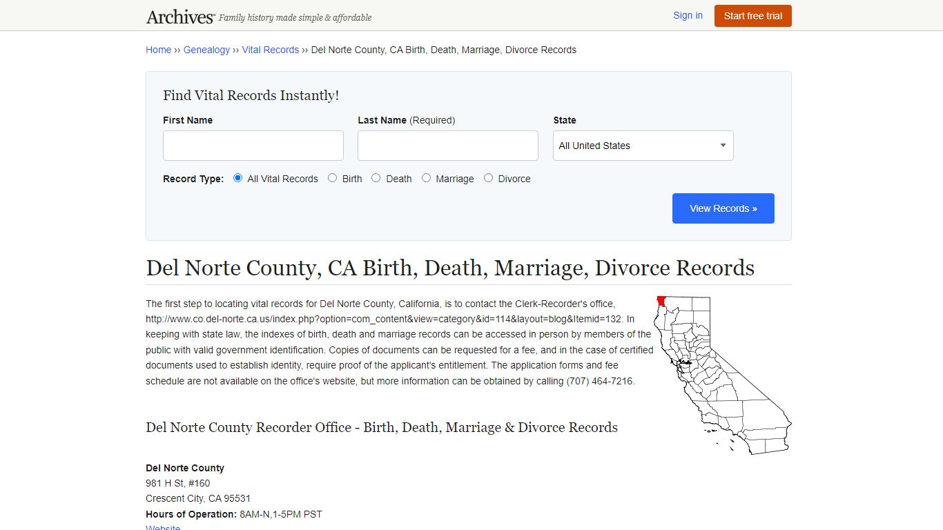 Del Norte County, CA Birth, Death, Marriage, Divorce Records