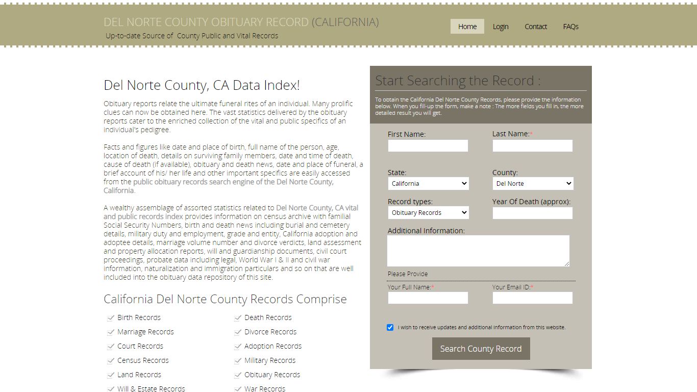 Del Norte County, California Obituary Death Notice Index